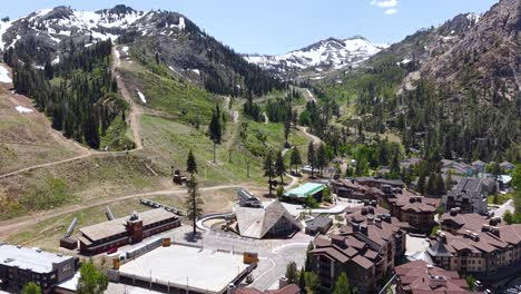 drone shot of palisades ski center in summer season, olympic valley, lake tahoe area usa