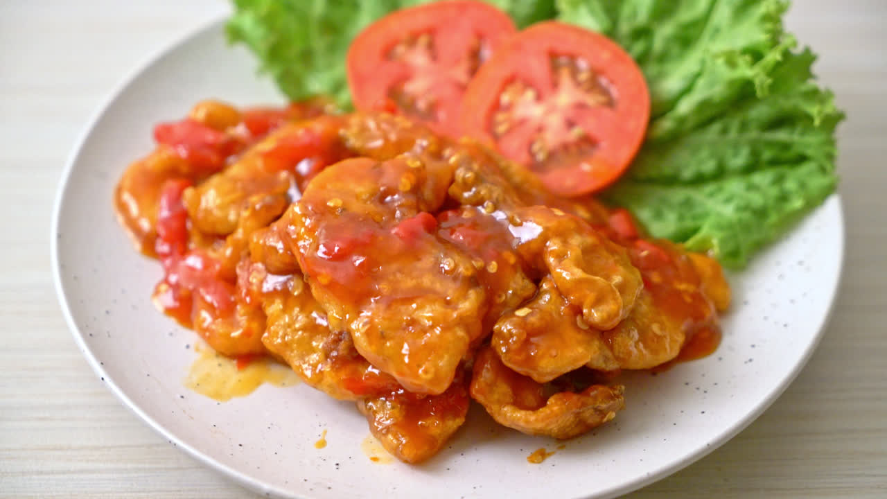 Fried fish topped with three flavors (sweet, sour, spicy) chili sauce