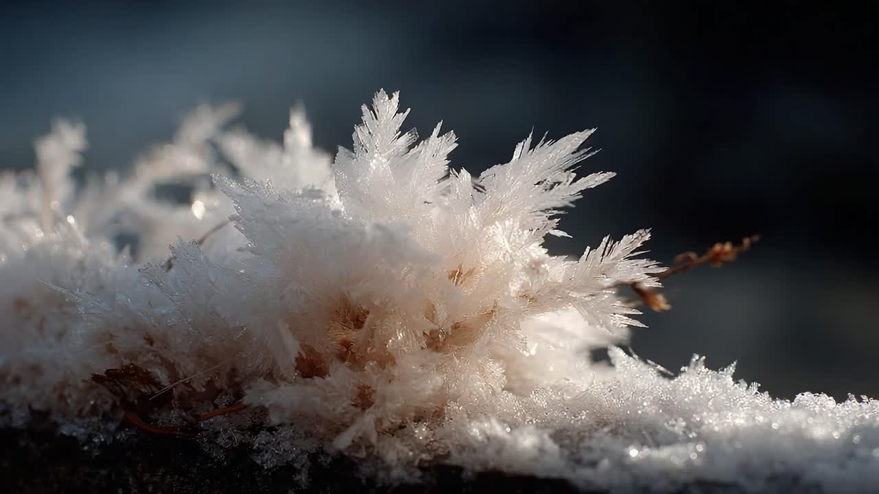 Mesmerizing Ice Crystals in Nature: Captivating Close-Up of Frosty Blooming Flora Illuminated by Soft Light