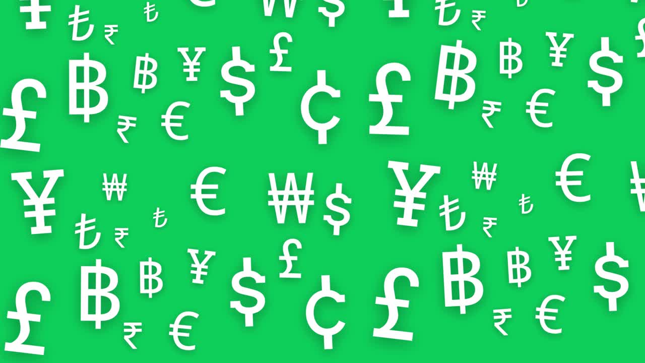 Animazione di simboli valutari animati — £ $ € ¥, Finanza globale, settore bancario, commercio, economia, investimento, denaro, animazione di concetto aziendale