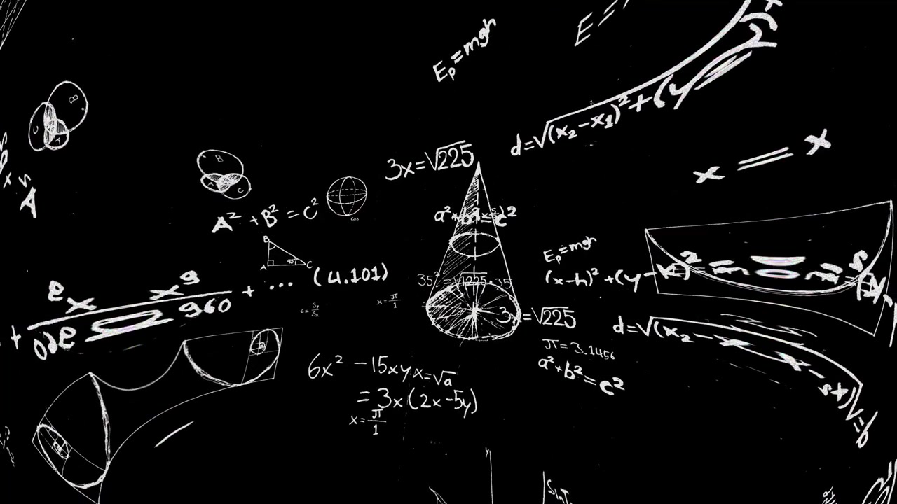 Equazioni matematiche animate in 3D e disegnate a mano con gesso bianco che fluttuano nell'oscurità. Da usare come sovrapposizione cinematografica o filmato di sfondo