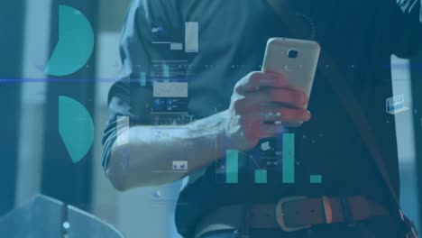 animation of data processing over caucasian man using smartphone