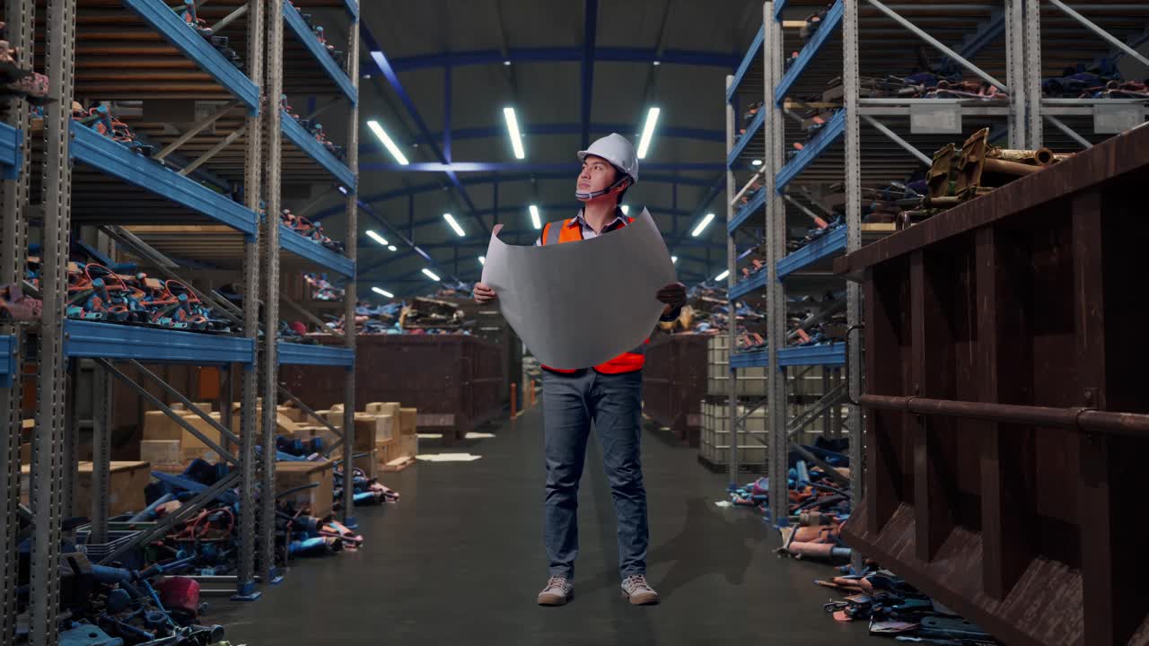 Ingegnere uomo asiatico a figura intera con casco di sicurezza, che osserva un progetto tra le mani e si guarda intorno, in piedi in un magazzino industriale di rottami metallici e riciclaggio.