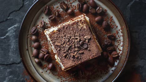 Köstliches-Tiramisu-Dessert-Mit-Kaffeebohnen-Und-Kakaopulver