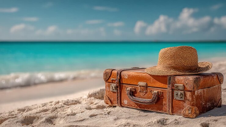 A Nostalgic Getaway: Vintage Suitcase with Straw Hat on Tranquil Beach, Embraced by Crystal Clear Waters and Soft White Sands Under a Serene Sky