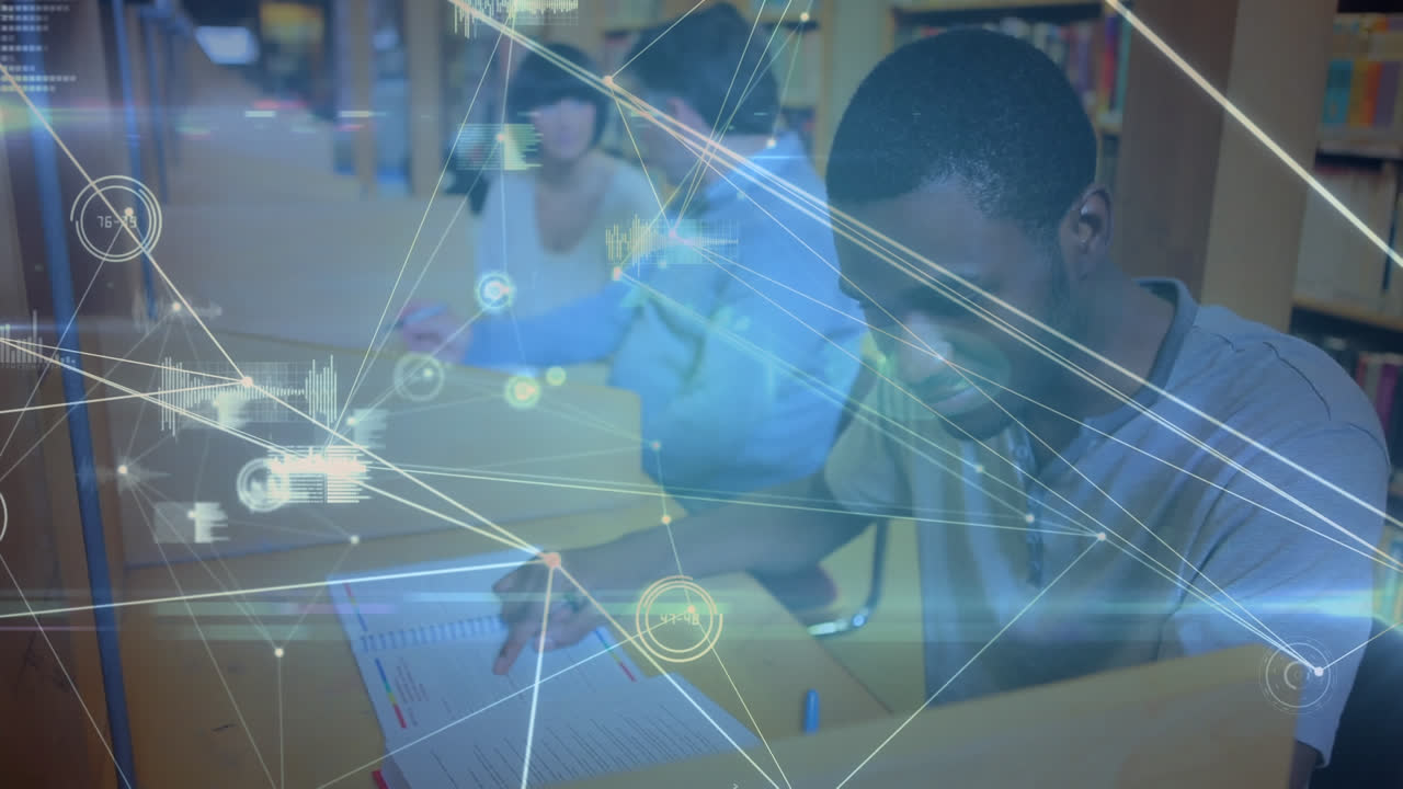 Animasjon av studenter som sitter ved pulter over et nettverk av forbindelser, med databehandling i bakgrunnen