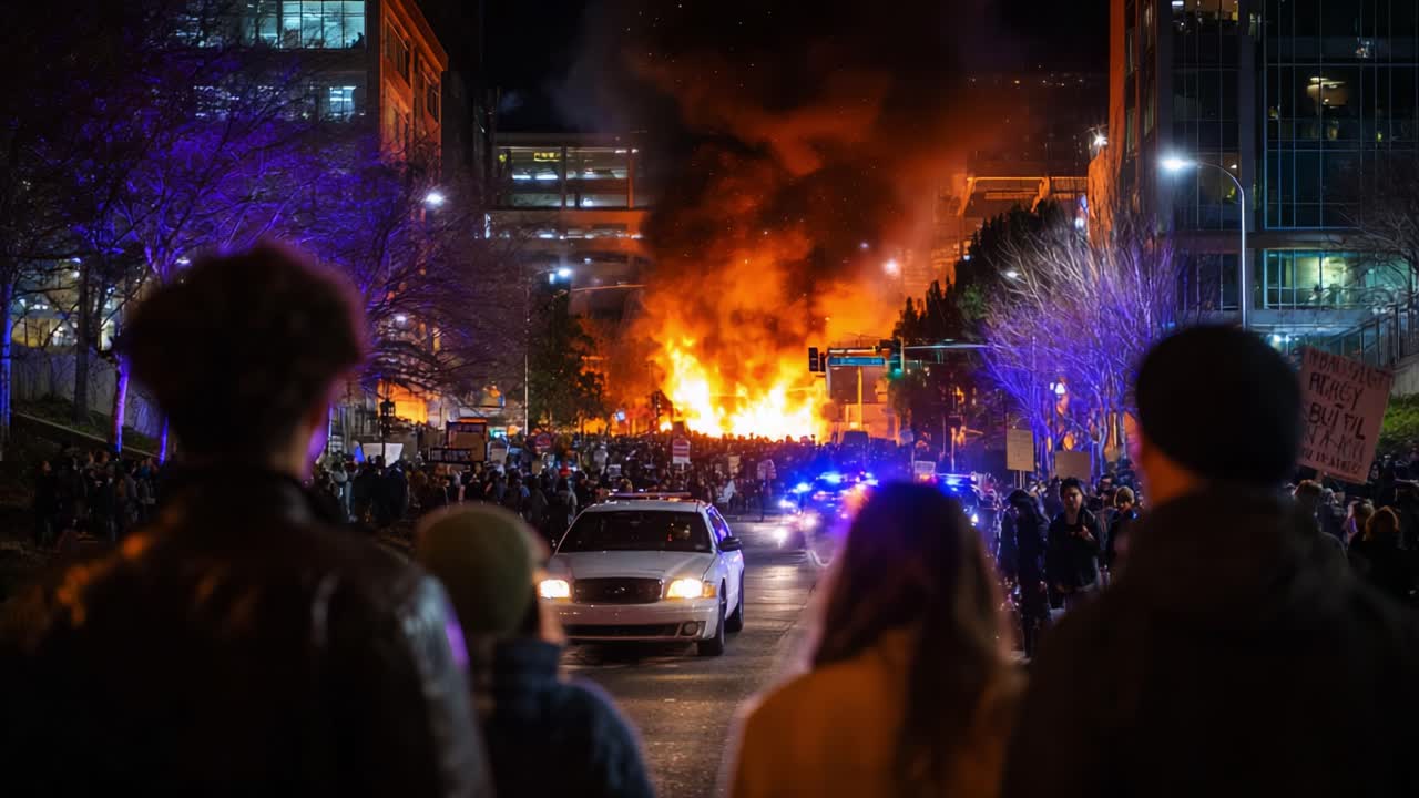 Scena intensa di una protesta notturna con fiamme che illuminano il cielo, folla riunita in una strada cittadina tra una dimostrazione di forti emozioni e la presenza delle forze dell'ordine