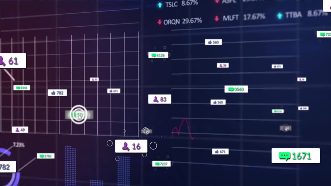 Animation of arrow in cloud with graphs, computer language and trading board over black background