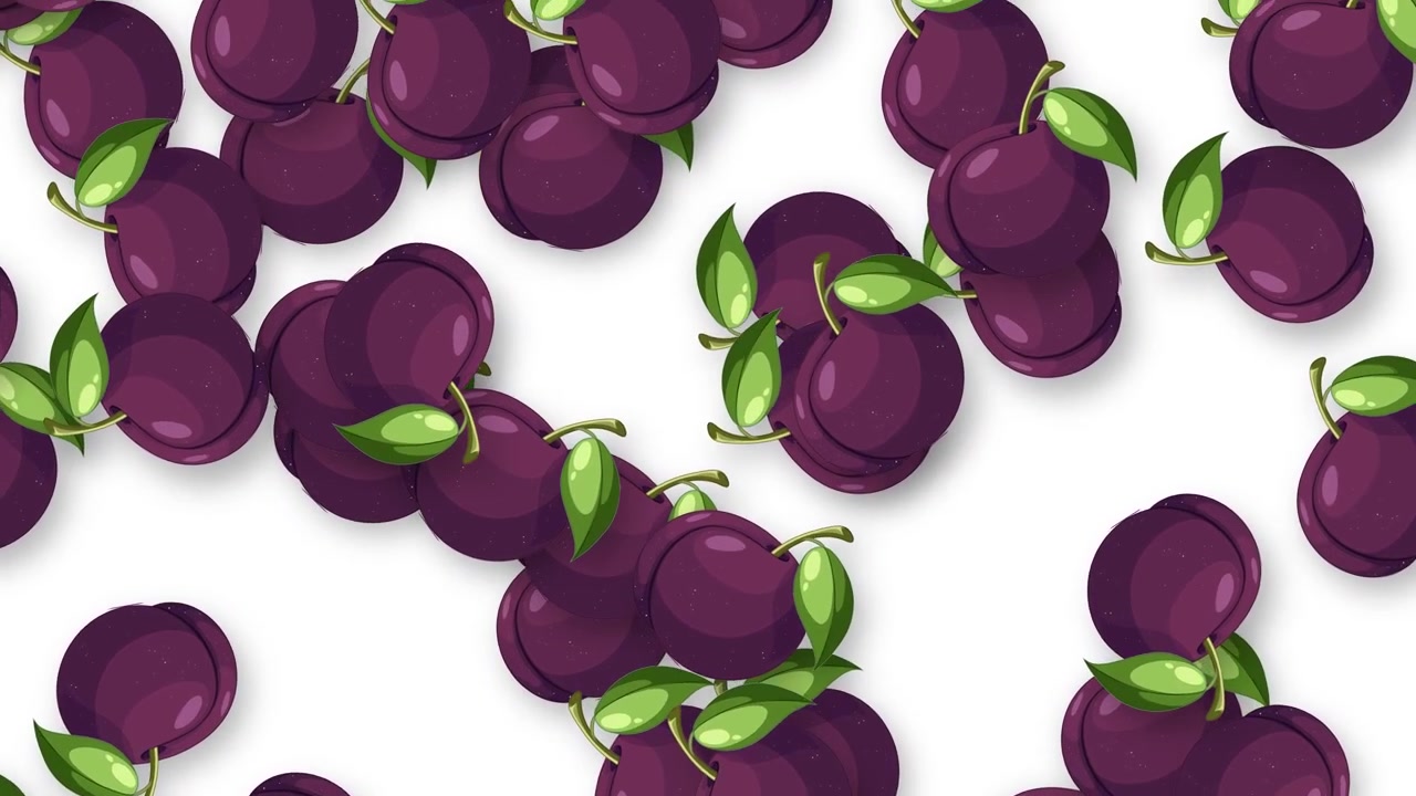 Prugne viola animate con foglie verdi cadono verticalmente su uno sfondo bianco pulito
