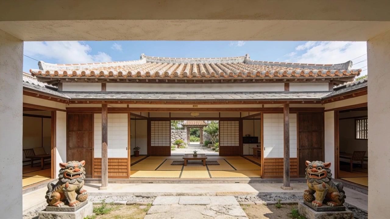 Kamera bevæger sig og indrammer en Okinawa-gårdhave, afslører tatami, lavt bord og shisa for at vise haven.