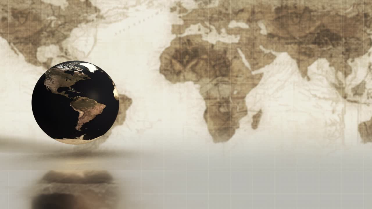빈티지 모양의 세계 지도 위에 회전하는 지구
