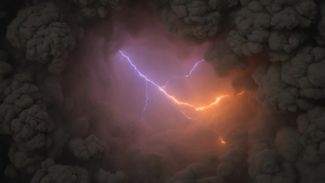 Un fulmine intracloud lampeggiante risponde a una carica, ramificandosi in una cavità nuvolosa con un bagliore arancione.