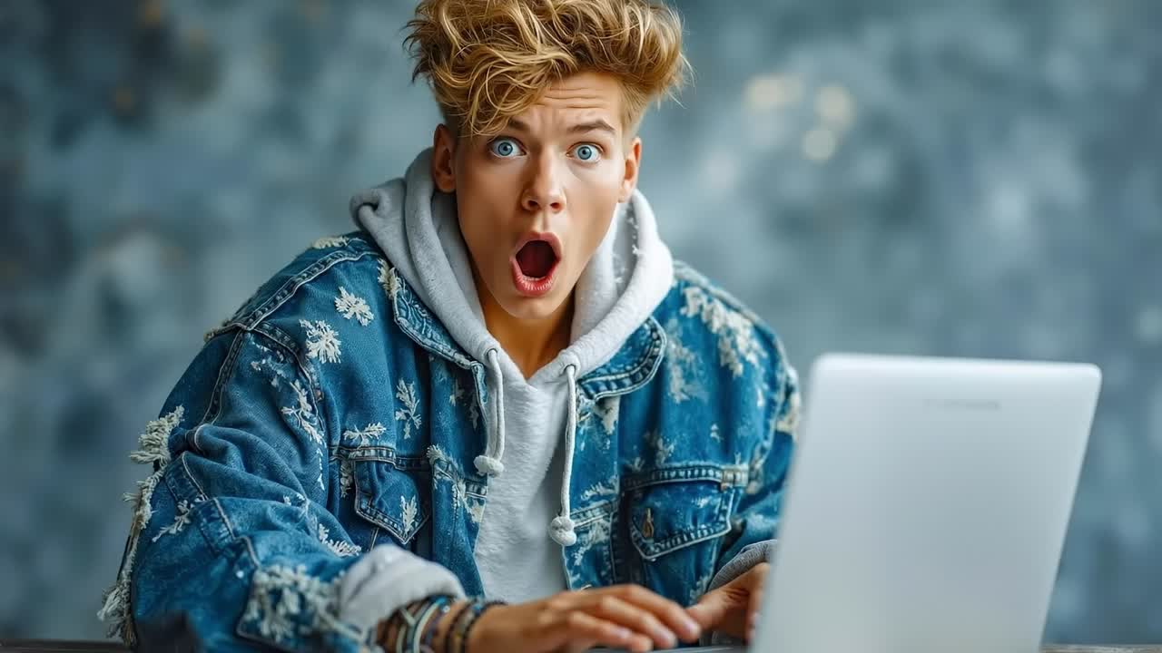A young man with a surprised look on his face using a laptop