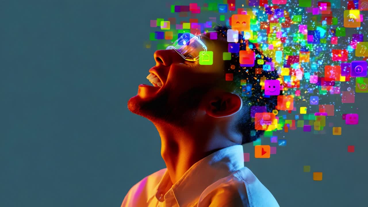 A vibrant visual representation of creativity and expression, showcasing a man's head with digital icons and colorful bursts symbolizing thoughts and emotions in a modern, artistic way