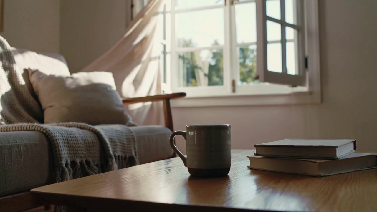 Camera focusing gray ceramic mug on coffee table at home, breeze from open window pushing curtain