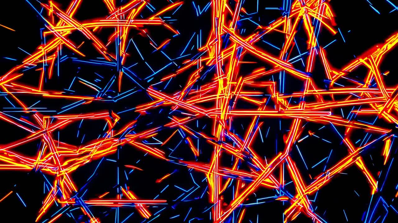 Vibrant neon lines weaving and glowing, creating dynamic abstract pattern with luminous energy against deep dark background, generating electrifying visual experience