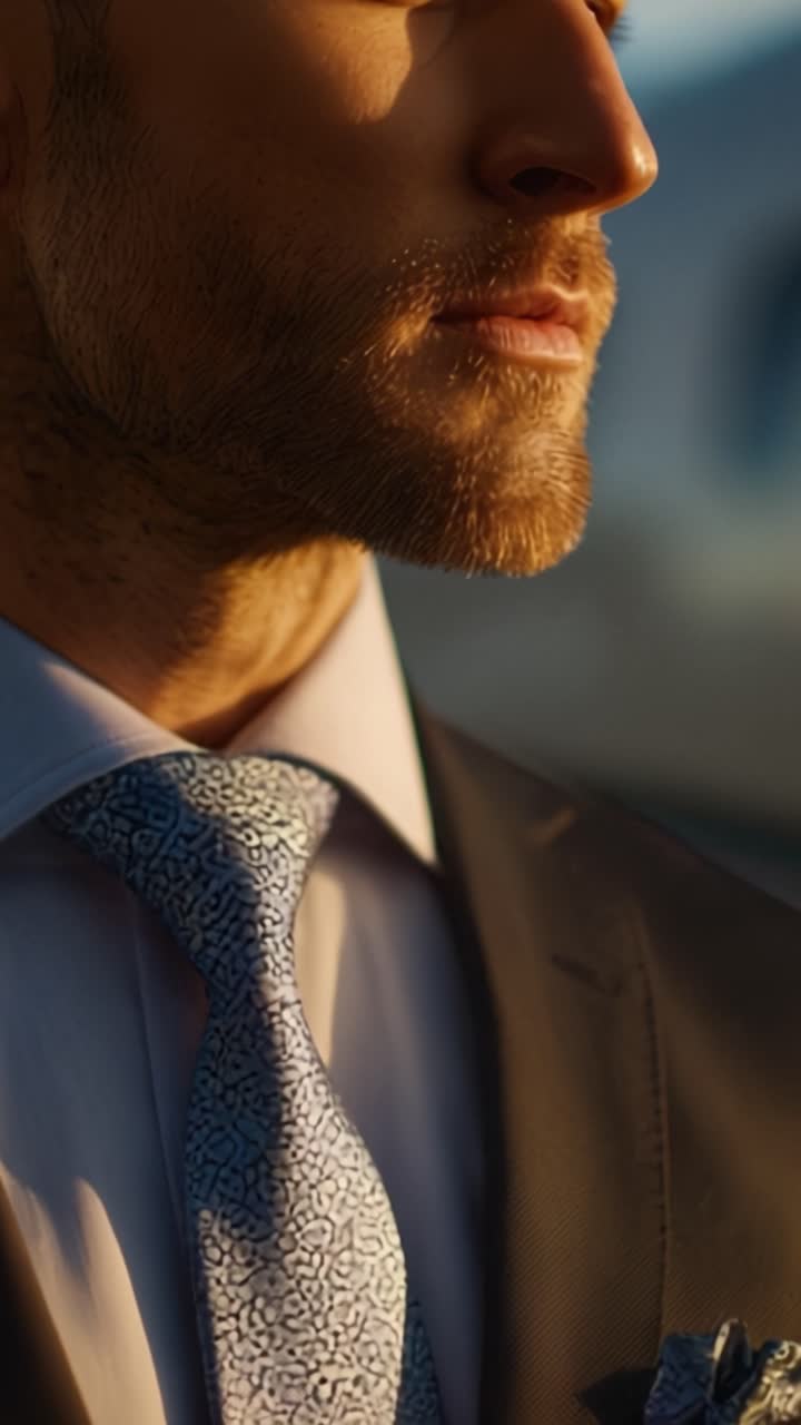 Un momento di cura elegante: Un uomo che si sistema la cravatta con luce naturale, con un focus sul suo viso e sui suoi vestiti per un aspetto curato