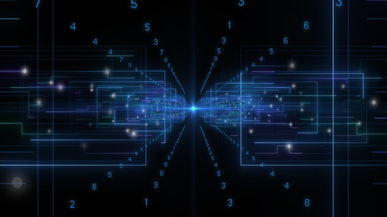 Animation of scopes scanning and data processing with binary coding on black background