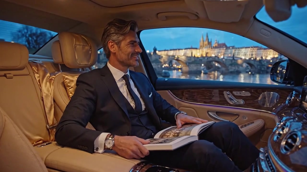 Lussuoso giro serale lungo il fiume, che mostra un'auto elegante e un paesaggio urbano mozzafiato con architettura storica illuminata dal crepuscolo.