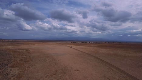 drone shot of suv driving through african savannah. rangers tracking poachers. tourists on safari