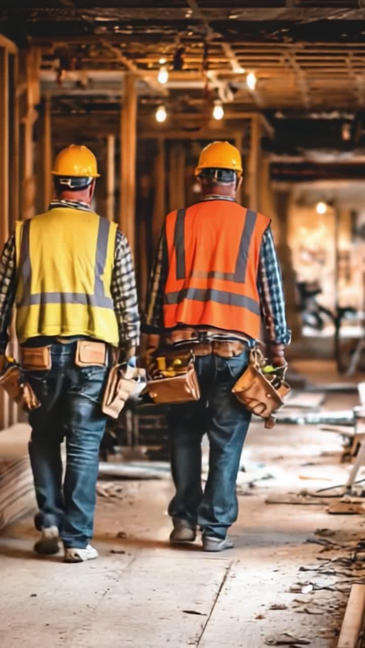 Construction Workers in Safety Gear: A Dynamic Journey Through a Busy Job Site Fostering Collaboration and Safety on a Renovation Project