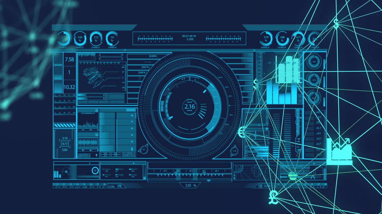 Animation of data processing over network of connections with icons