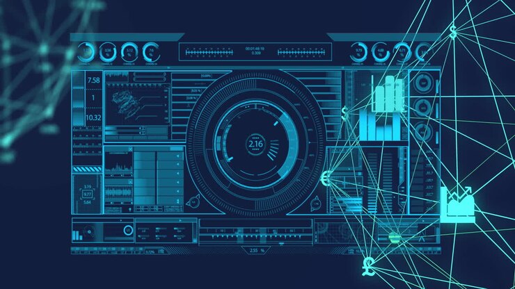 Animation of data processing over network of connections with icons