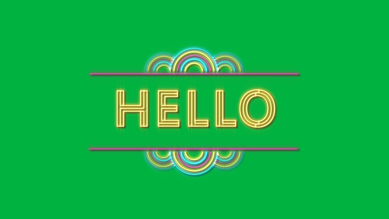 Animation of flickering word hello in yellow neon letters with rainbow on white background