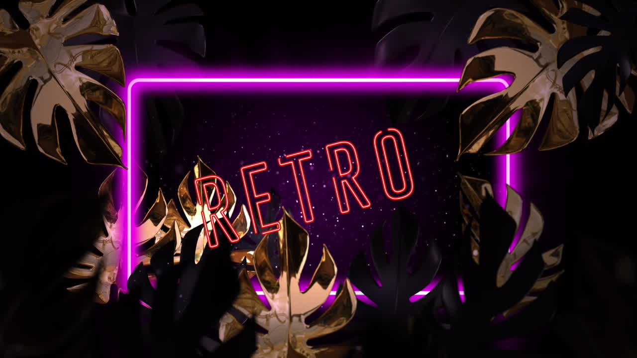 검은 바탕에 잎 위에 레트로 텍스트와 네온 프레임의 애니메이션