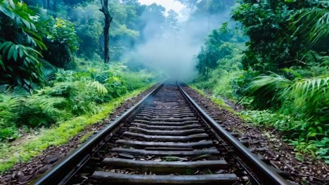 a train track in the middle of a lush green forest