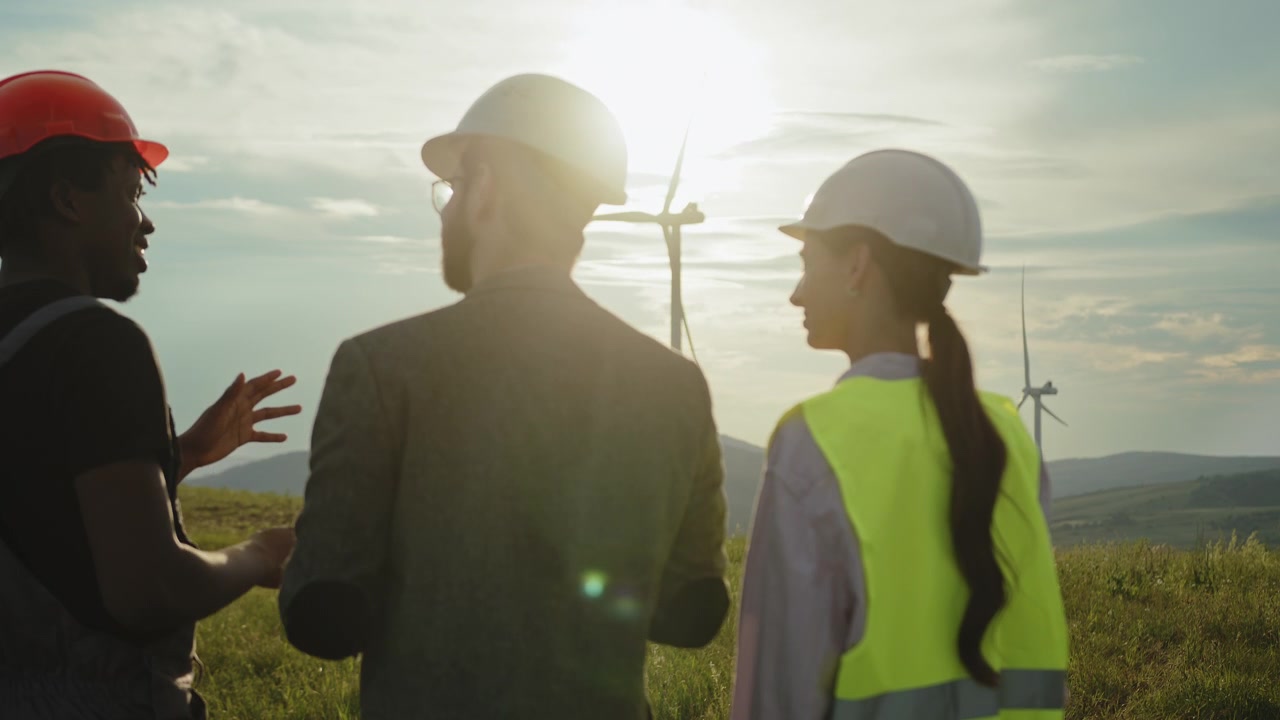 Engineers in hard hats and safety vests converse outdoors amidst rolling hills and wind turbines at