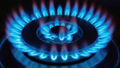A gas stove burner with a blue flame