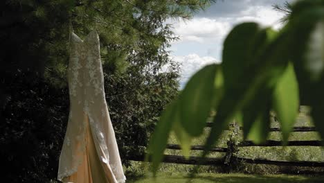 Beautiful-reveal-from-behind-a-leafy-tree-of-a-gorgeous-designer-dress-that-is-hanging-in-back-yard