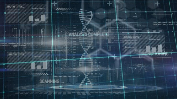 Animation of dna strand and data processing over dark background