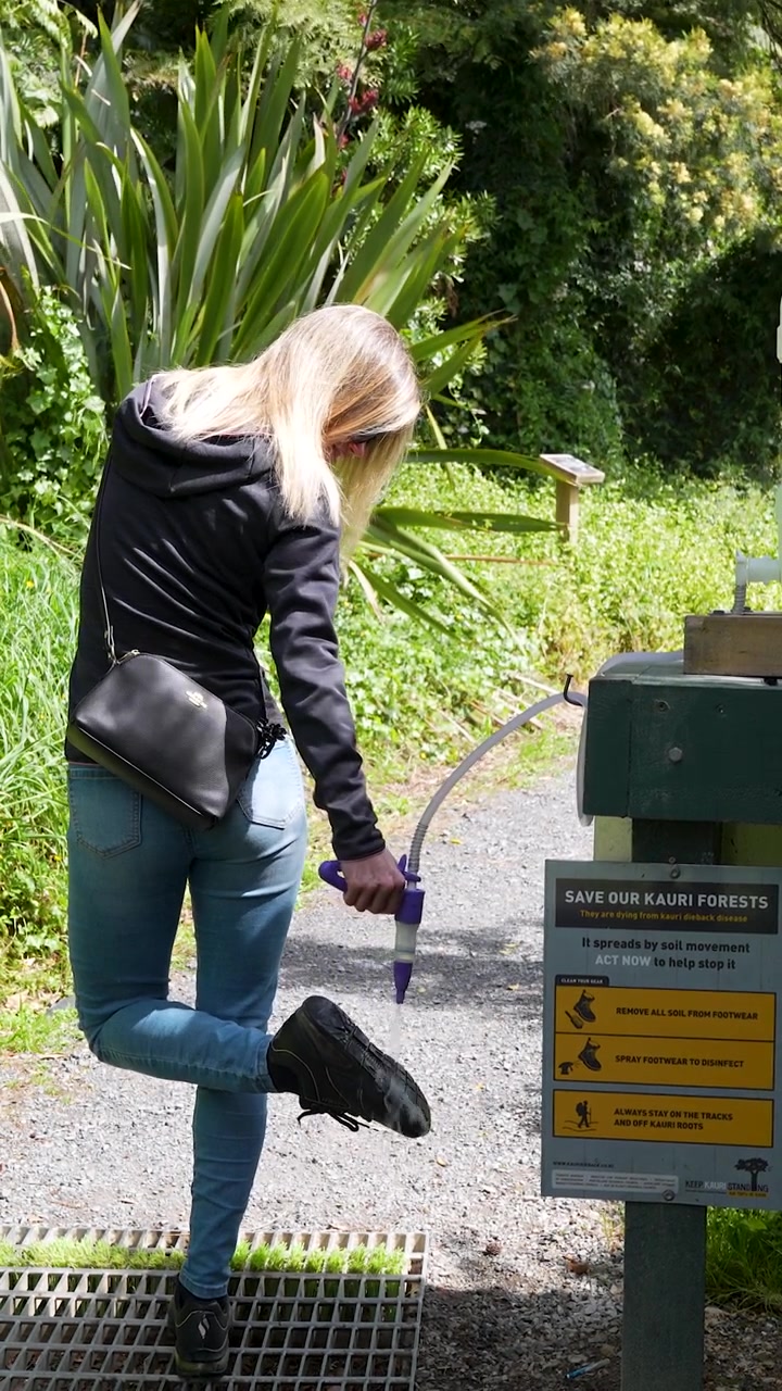 Donna disinfetta le scarpe da trekking presso una stazione di biosicurezza della foresta di kauri in Nuova Zelanda, scatto verticale.