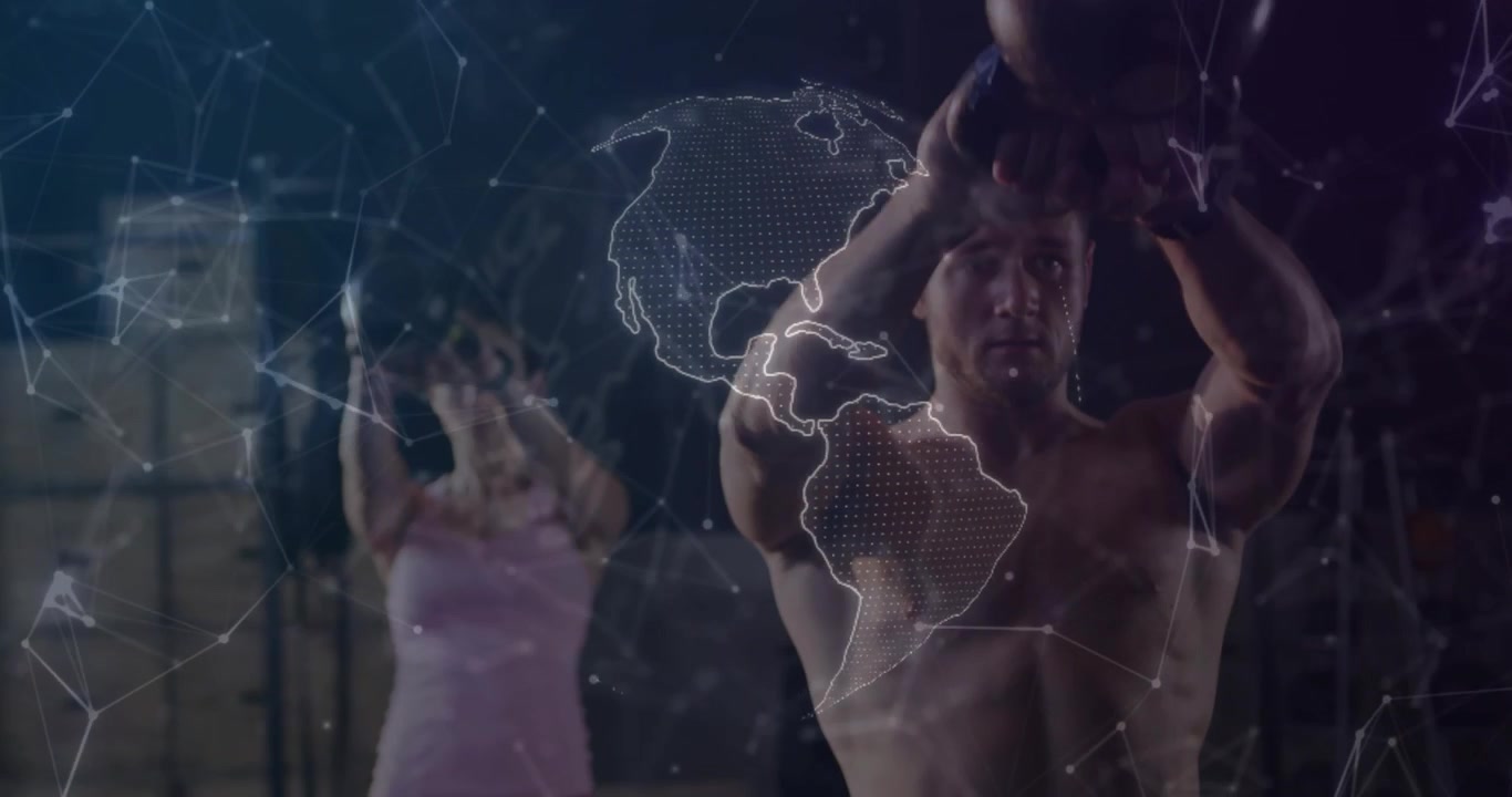 Man starting kettlebell swings, woman mirroring, rotating globe overlay revealing fitness training