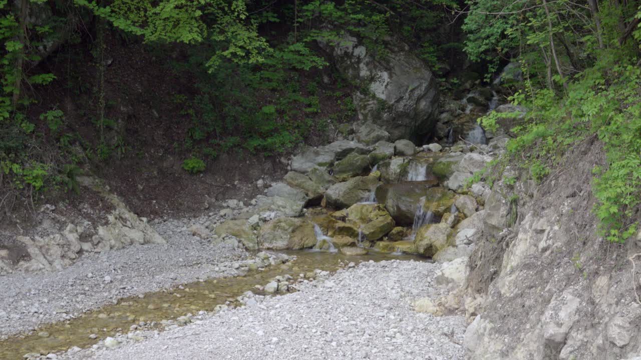 A mountain stream surrounded by nature above the village of Mezzolombardo, Trentino, Italy
