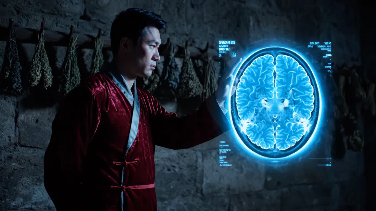 A man looking at a futuristic brain scan