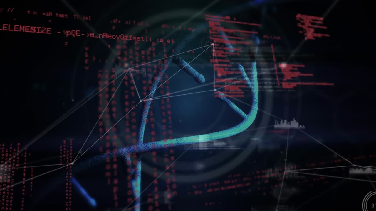 Animation of scientific data, dna and connections over black background