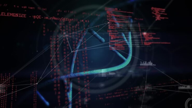 Animation of scientific data, dna and connections over black background