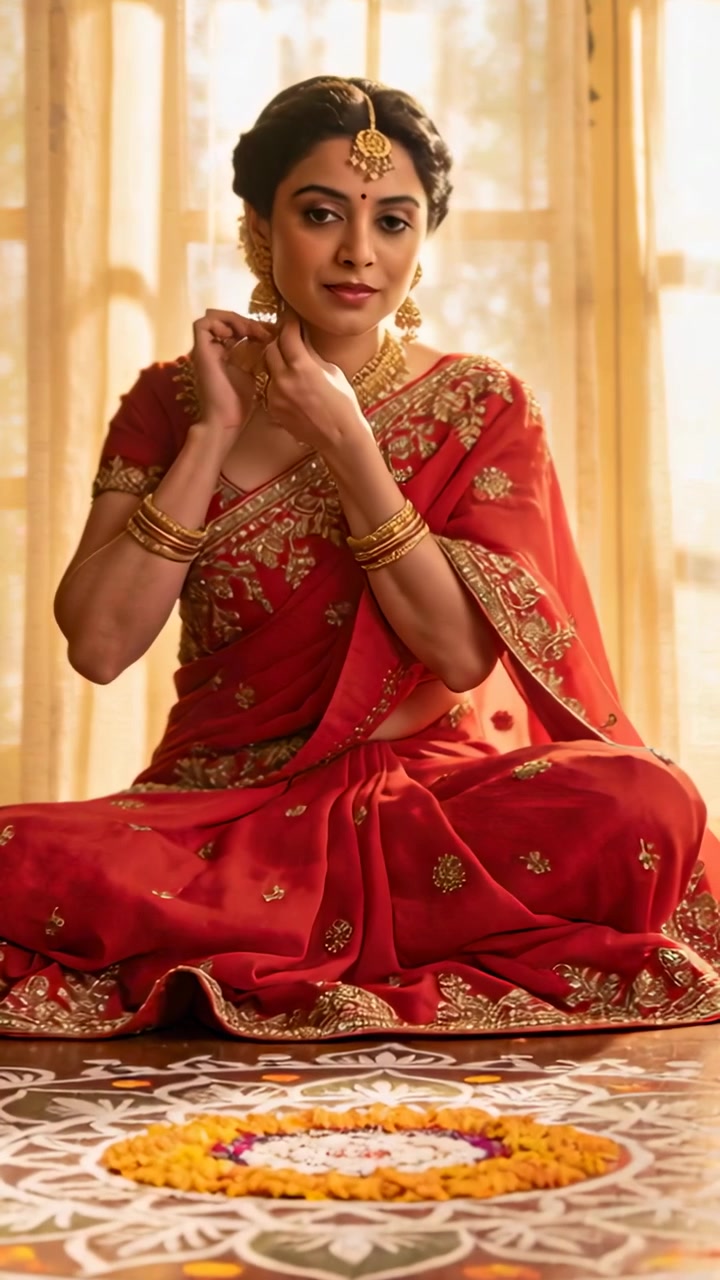 Video verticale: Donna in sari rosso che si prepara per una cerimonia, sistemando gioielli d'oro vicino a una finestra con un rangoli.