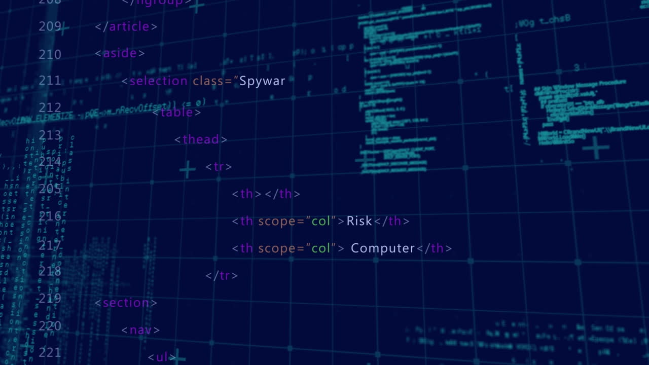 Animation of warning text, binary coding and data processing over grid