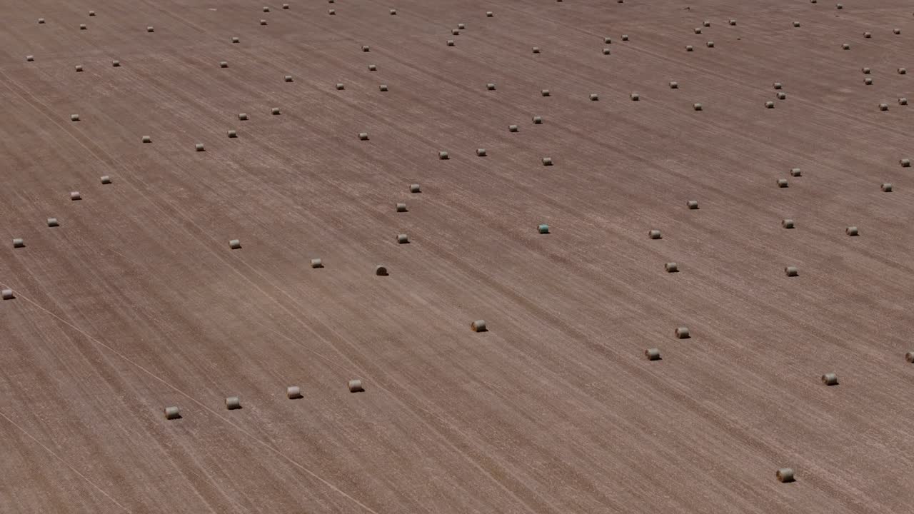 Abstract aerial view of repeating hay bales across flat farmland