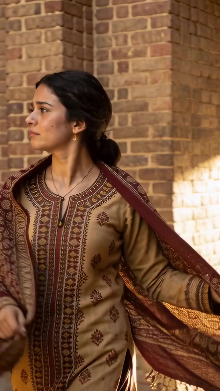 Video verticale: Donna in kameez che entra da un cancello, cammina in un passaggio di mattoni, sistemandosi lo scialle, spazio per il testo.