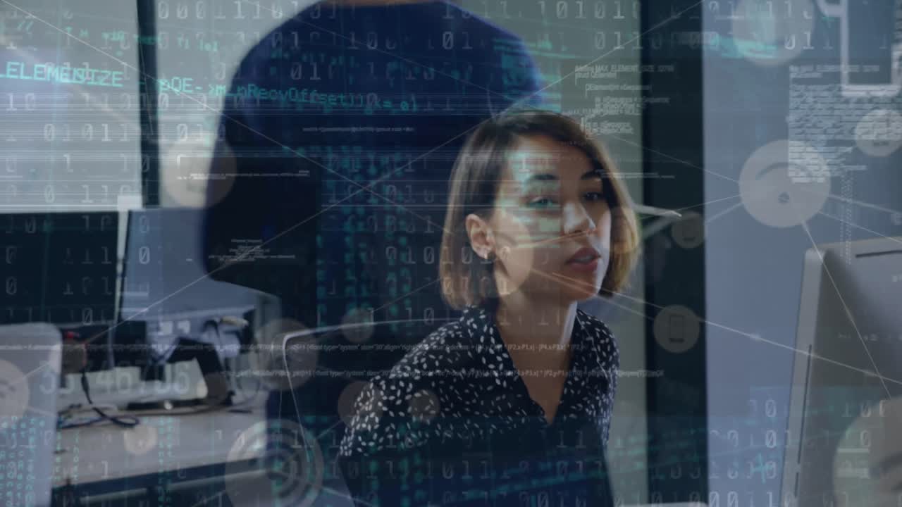 Animation of network of digital icons over biracial woman talking to her colleague at office