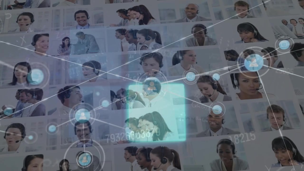 Animazione di una rete di connessioni con icone su diverse persone d'affari in ufficio.