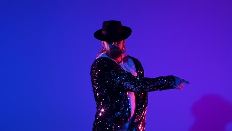 stylish performer in disco attire with vibrant lighting