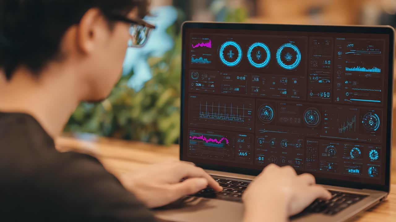 Analyzing Data Through Advanced Visualizations: A User Interacting with Dynamic Graphs and Metrics on a High-Tech Laptop Display