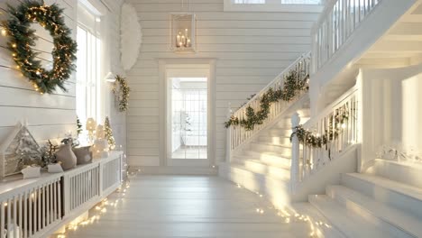 white christmas hallway with staircase decor