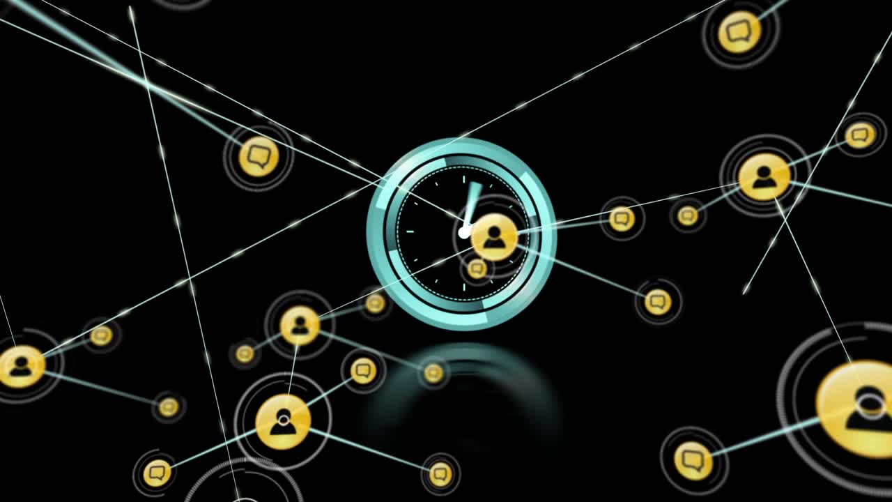 Animazione di una rete di connessioni con icone di persone su punti luminosi